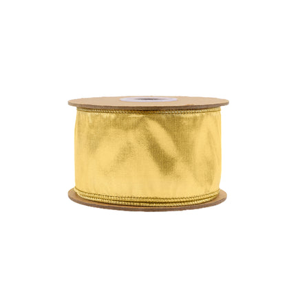 A spool of metallic gold ribbon with stitched edges, featuring a shiny, textured appearance, ideal for festive decorations.