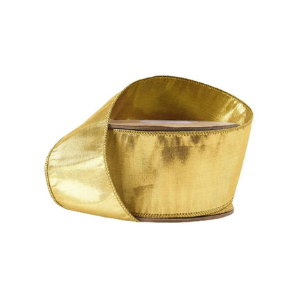 A spool of metallic gold ribbon with stitched edges, having a shiny, textured look, ideal for festive decorations.