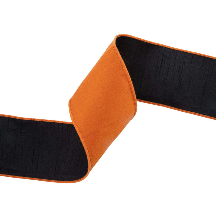 4" Wired Double-fused Dupioni Ribbon | Orange/Black | 10 Yard Roll