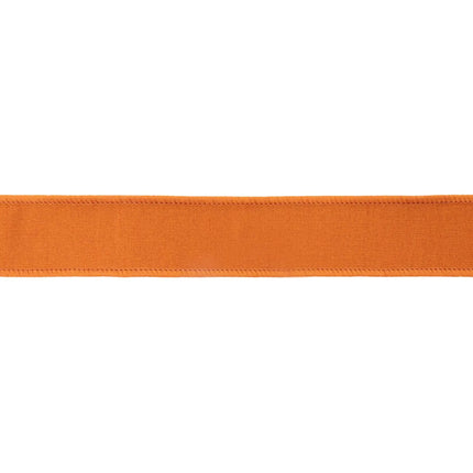 1 1/2" orange/black wired dupioni ribbon (double-fused) — dual-color reversible, fits autumn craft projects.