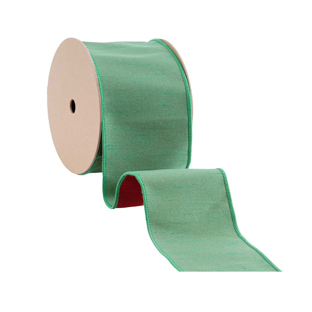 4" Wired Double-fused Dupioni Ribbon | Red/Green | 10 Yard Roll