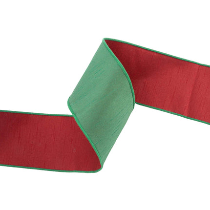 4" Wired Double-fused Dupioni Ribbon | Red/Green | 10 Yard Roll LaRibbons Wholesale