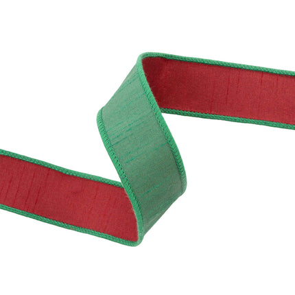 1 1/2" Wired Double-fused Dupioni Ribbon | Red/Green | 10 Yard Roll LaRibbons Wholesale