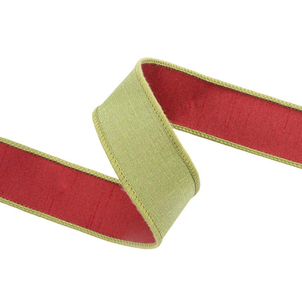 Wired Double-fused Dupioni reversible ribbon with green textured front and red back, suitable for rustic-themed decor, crafting.