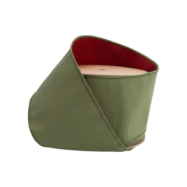 4" Wired Double-fused Dupioni Ribbon | Red/Moss Green | 10 Yard Roll LaRibbons Wholesale
