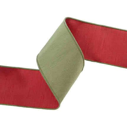 4" Textured moss green double-sided dupioni ribbon with red backing, perfect for holiday table centerpieces