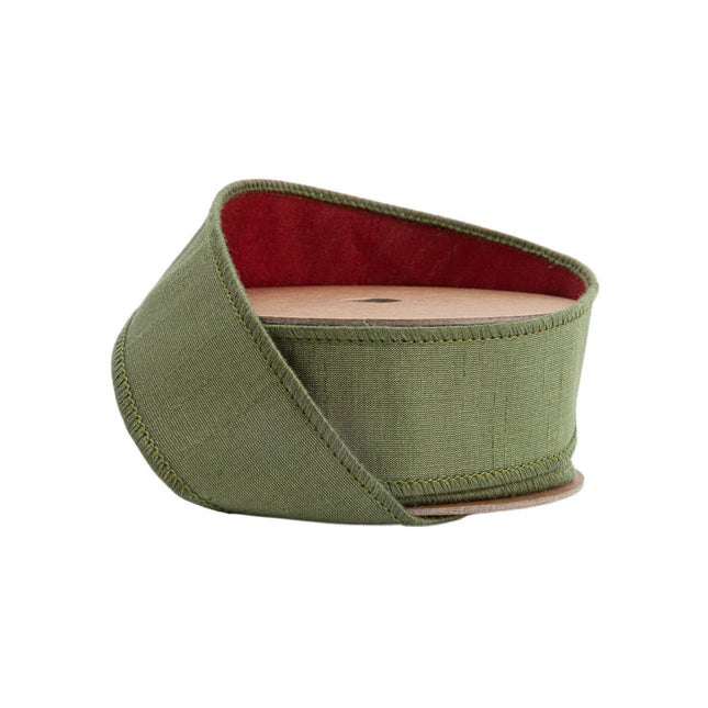 1 1/2" Wired Double-fused Dupioni Ribbon | Red/Moss Green | 10 Yard Roll LaRibbons Wholesale