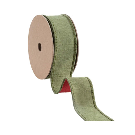 1 1/2" red/moss green wired dupioni ribbon (double-fused) reversible design, fits wedding decor