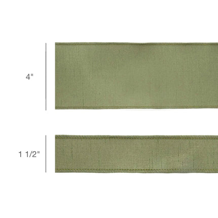 4" & 1 1/2" moss green wired dupioni ribbon (two widths) — versatile for autumn decor, gift wrapping, and floral arrangement accents.
