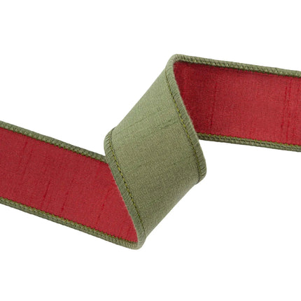 1 1/2" wired double-fused dupioni ribbon (red/moss green) — dual-color style, ideal for autumn craft projects