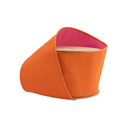 4" wired double-fused dupioni ribbon with orange outer fabric and hot pink backing, ideal for vibrant fall wreaths