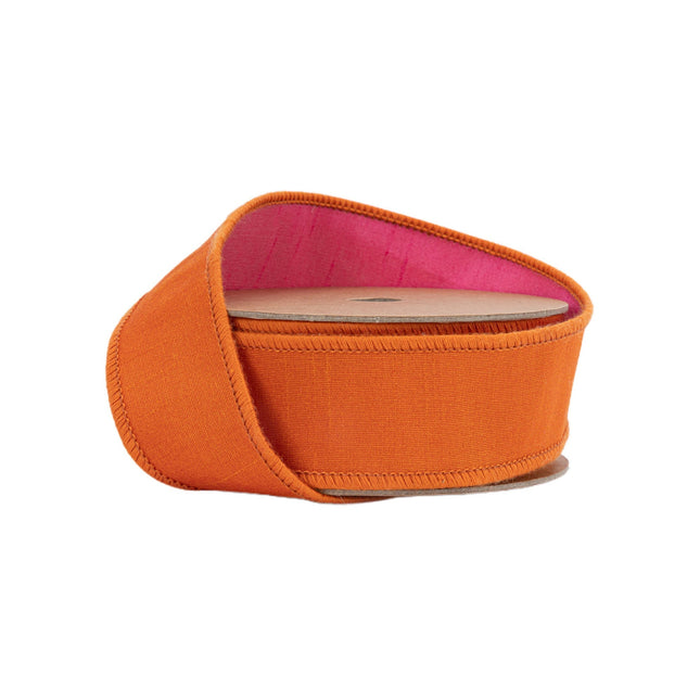 1 1/2" Wired Double-fused Dupioni Ribbon | Orange/Hot Pink | 10 Yard Roll LaRibbons Wholesale