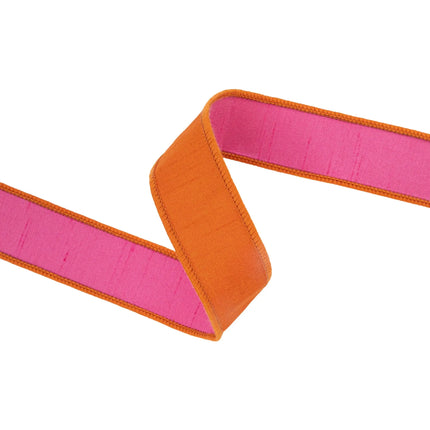 1 1/2" orange/hot pink wired dupioni ribbon (double-fused) — reversible vibrant hues, fits DIY projects.