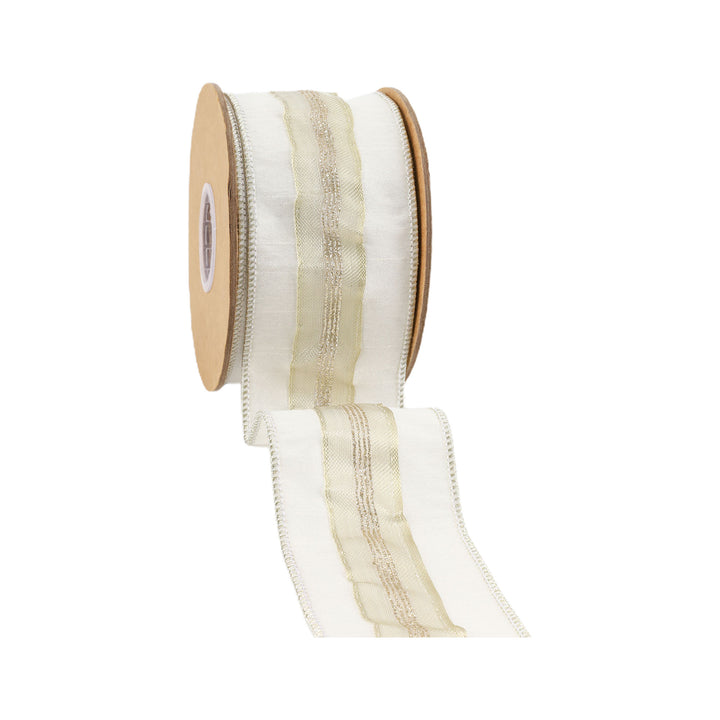 2 1/2" Wired Dupioni Ribbon | Ivory w/ Platinum Trim | 5 Yard Roll