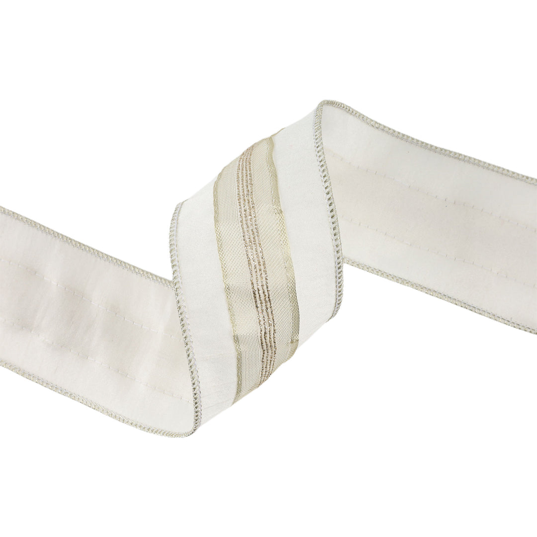 2 1/2" Wired Dupioni Ribbon | Ivory w/ Platinum Trim | 5 Yard Roll