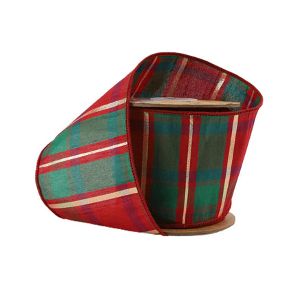 4" Wired Dupioni Ribbon: Red/green/gold plaid check, on cardboard spool