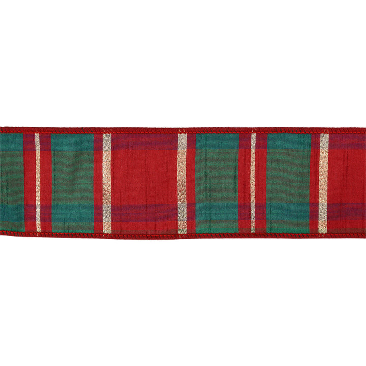 2 1/2" Wired Dupioni Ribbon | Red/Green/Gold Plaid Check | 10 Yard Roll