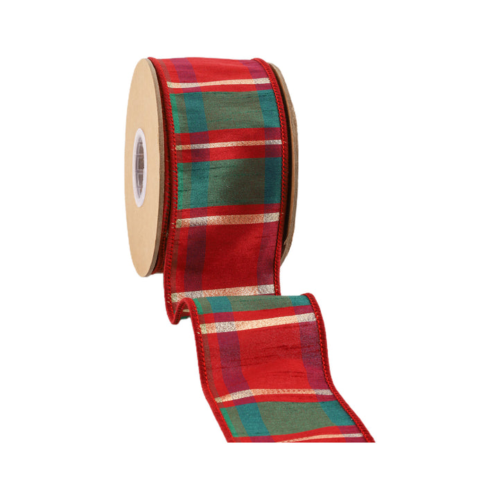 2 1/2" Wired Dupioni Ribbon | Red/Green/Gold Plaid Check | 10 Yard Roll