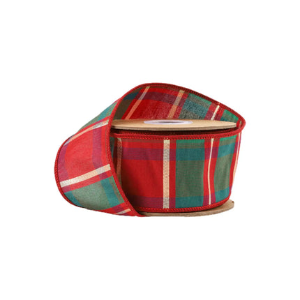 Wired Dupioni ribbon spool in red/green/gold plaid check, with vibrant patterns and structured design—ideal for festive decor crafting.