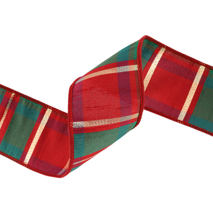 2 1/2" Wired Dupioni Ribbon | Red/Green/Gold Plaid Check | 10 Yard Roll