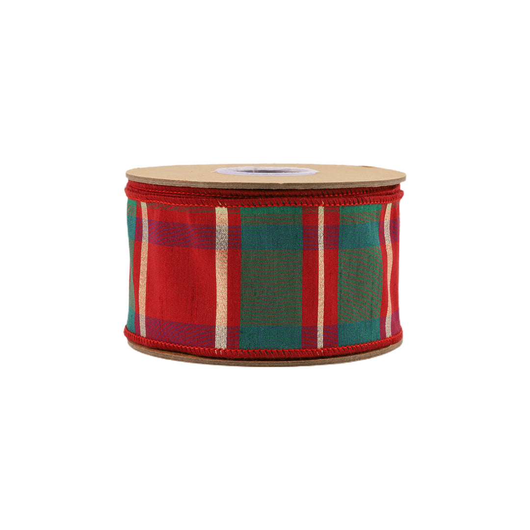 2 1/2" Wired Dupioni Ribbon | Red/Green/Gold Plaid Check | 10 Yard Roll