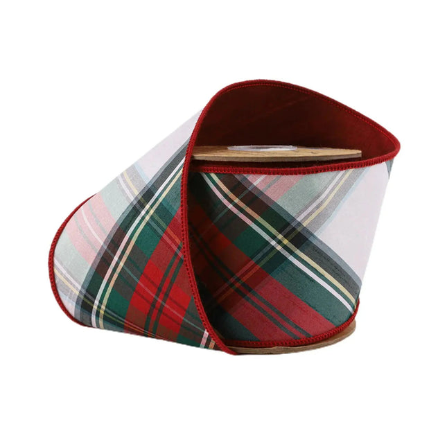 4" Wired Dupioni Ribbon | Burgundy/Green/White Plaid Bias Cut | 5 Yard Roll LaRibbons and Crafts