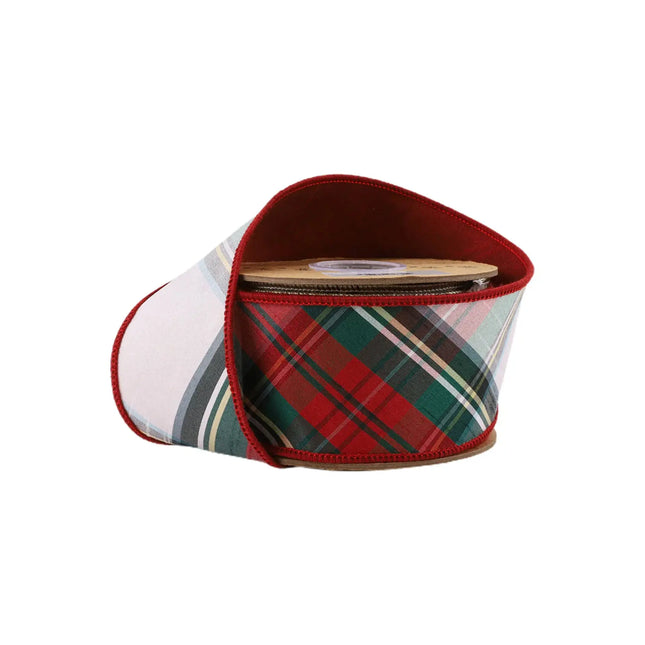 2 1/2" Wired Dupioni Ribbon | Burgundy/Green/White Plaid Bias Cut | 5 Yard Roll LaRibbons and Crafts