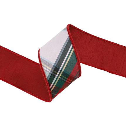 2 1/2" Wired Dupioni Ribbon | Burgundy/Green/White Plaid Bias Cut | 5 Yard Roll LaRibbons and Crafts