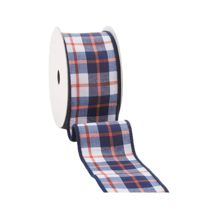 Durable 2 1/2" wired dupioni ribbon with red-white-blue plaid pattern, for gift wrapping accents