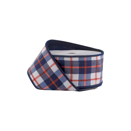 2 1/2" Wired Dupioni Ribbon Red/White/Blue Plaid (textured woven fabric), for event decor