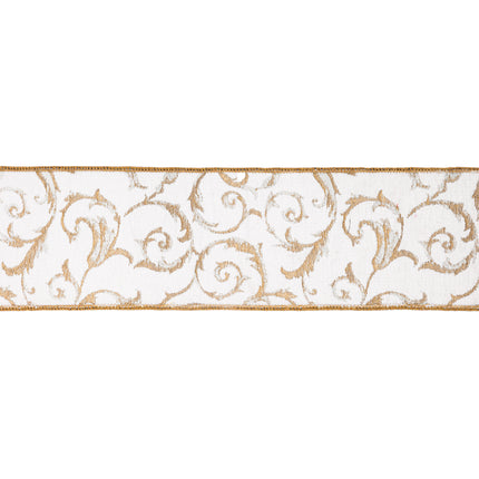 4" Wired Jacquard Ribbon | Metallic Scroll on Ivory w/ Gold Metallic Dupioni-fused Backing | 10 Yard Roll - LaRibbons and Crafts