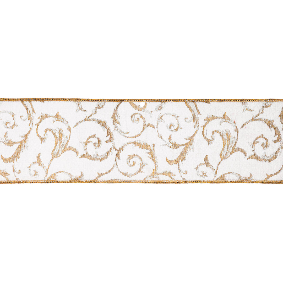 4" Wired Jacquard Ribbon | Metallic Scroll on Ivory w/ Gold Metallic Dupioni-fused Backing | 10 Yard Roll
