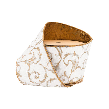 Roll of ribbon has multiple spiraling scrolls on white base gold weave elegant edge.