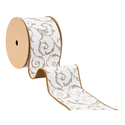 4" Wired Jacquard Ribbon | Metallic Scroll on Ivory w/ Gold Metallic Dupioni-fused Backing | 10 Yard Roll - LaRibbons and Crafts