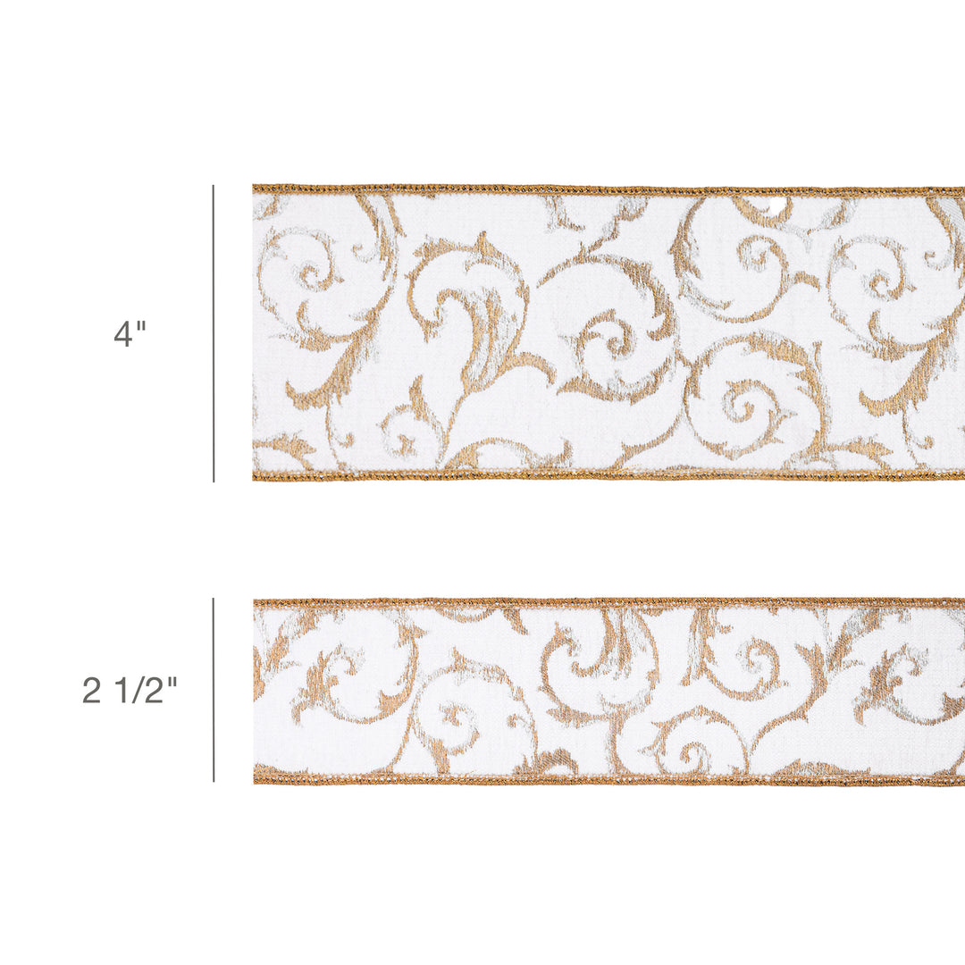 4" Wired Jacquard Ribbon | Metallic Scroll on Ivory w/ Gold Metallic Dupioni-fused Backing | 10 Yard Roll