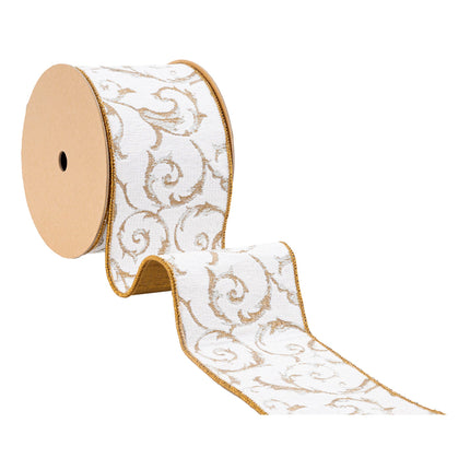 Roll of ribbon shows intertwined spreading scrolls white gold woven stylish edge.