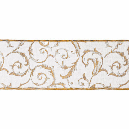 Piece of ribbon features white base gold scrolls textured weave decorative trim.