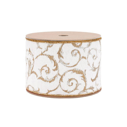 4" Wired Jacquard Ribbon | Metallic Scroll on Ivory w/ Gold Metallic Dupioni-fused Backing | 10 Yard Roll - LaRibbons and Crafts