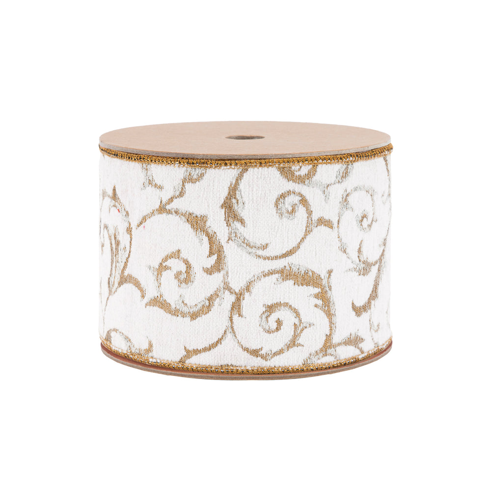 4" Wired Jacquard Ribbon | Metallic Scroll on Ivory w/ Gold Metallic Dupioni-fused Backing | 10 Yard Roll - LaRibbons and Crafts