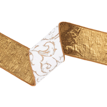  Reversible ribbon has front white base gold scrolls back gold crafted edge.