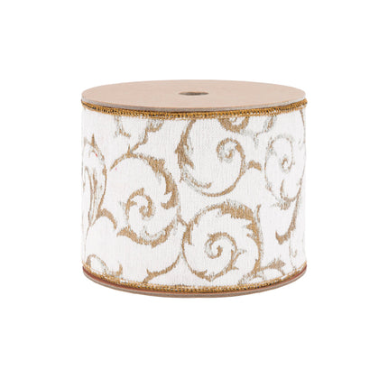 Piece of ribbon boasts exquisite spiral scrolls white gold weave ornate trim.