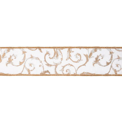 2 1/2" Wired Jacquard Ribbon | Metallic Scroll on Ivory w/ Gold Metallic Dupioni-fused Backing | 10 Yard Roll LaRibbons and Crafts