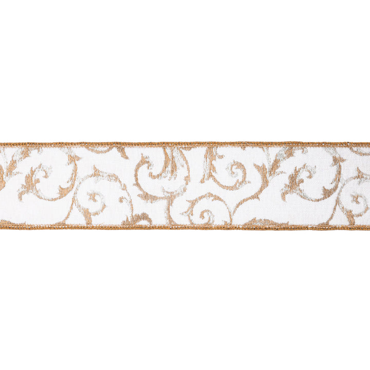 2 1/2" Wired Jacquard Ribbon | Metallic Scroll on Ivory w/ Gold Metallic Dupioni-fused Backing | 10 Yard Roll LaRibbons and Crafts