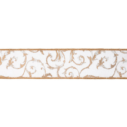 Piece of ribbon features white base gold scrolls textured weave decorative trim.