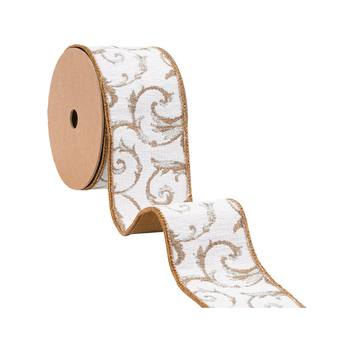 2 1/2" Wired Jacquard Ribbon | Metallic Scroll on Ivory w/ Gold Metallic Dupioni-fused Backing | 10 Yard Roll LaRibbons and Crafts