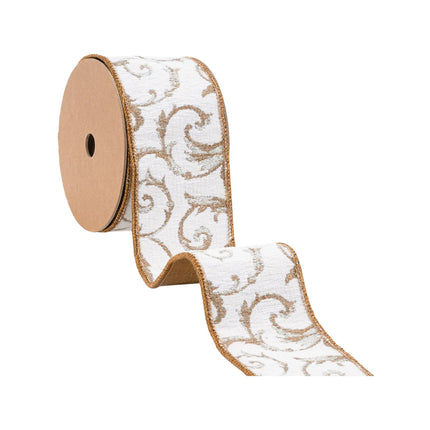 Side View Ivory-Gold Swirl Ribbon Spool, Flowing Wired Ribbon with Luxe Jacquard Detail.