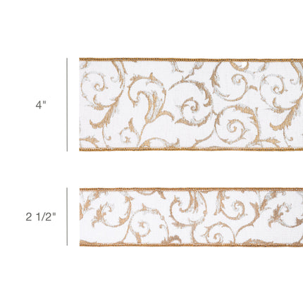 2 1/2" Wired Jacquard Ribbon | Metallic Scroll on Ivory w/ Gold Metallic Dupioni-fused Backing | 10 Yard Roll LaRibbons and Crafts