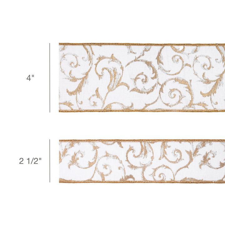 2 1/2" Wired Jacquard Ribbon | Metallic Scroll on Ivory w/ Gold Metallic Dupioni-fused Backing | 10 Yard Roll LaRibbons and Crafts
