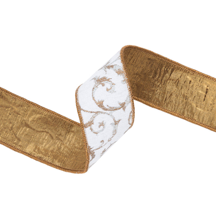 2 1/2" Wired Jacquard Ribbon | Metallic Scroll on Ivory w/ Gold Metallic Dupioni-fused Backing | 10 Yard Roll LaRibbons and Crafts