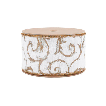 Front View Ivory Jacquard Ribbon Spool, Gold Swirl Pattern & Elegant Wired Edge